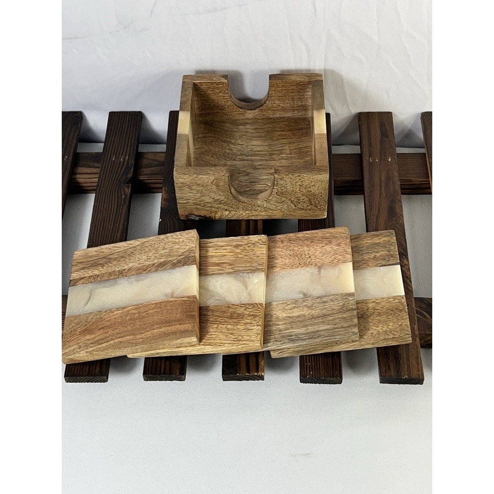 HLC Wooden Coaster Set Of 4‎ With Holder Inlay Coaster